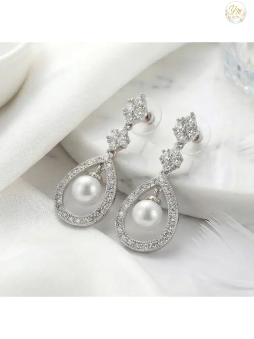 Pearl & CZ Drop Earrings for Bride, Bridesmaid, Prom, Mother of Bride Rhodium